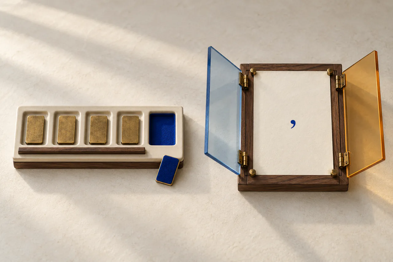 A landscape museum-style still life on a warm cream tabletop shows two small handcrafted objects separated by open space. At left is a long cream ceramic tray on a thin walnut base. Five rectangular recesses run across it in a single row. The first four recesses each hold one blank, worn-brass tab. A slim walnut rail runs below those four tabs and stops before the fifth recess. The fifth recess is empty and lined with deep cobalt-blue felt. A separate cobalt felt plaque with a fine brass edge lies loose on the tabletop beside it. Nothing bridges the gap between the four brass tabs and the empty blue place. At right is a walnut board framing one fixed sheet of warm cream paper. The page carries only a small cobalt-blue comma near its center. A transparent pale-blue viewing leaf is hinged open to the left; a transparent amber leaf is hinged open to the right. Both stand away from the page like restrained wings. Aged-brass hinges and four small brass stops are visible around the frame. Neither colored leaf covers the page, so the cream surface and blue comma remain unchanged and fully visible. Soft daylight enters from the upper left. Materials are walnut, matte cream ceramic and paper, aged brass, cobalt felt, and translucent blue and amber. There are no people, clocks, ribbons, chairs, lamps, plants, lighthouses, words, logos, or watermarks.