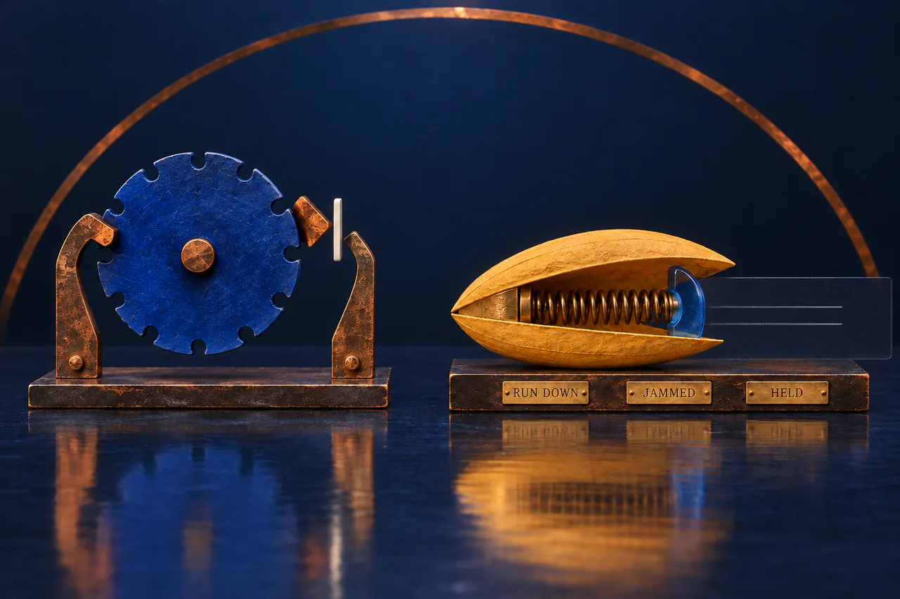 On a dark reflective table beneath a thin copper arc, two hand-built models sit side by side. At left, a cobalt wheel with twelve shallow notches is held between separate aged-copper pallets. A narrow white enamel sliver stands in the interval beside the right pallet. At right, a saffron seed-shaped shell opens to reveal a brass coil held by a translucent blue catch. A clear backing plate carries two pale horizontal rows that stop before its edge. Three equal brass labels below read RUN DOWN, JAMMED, and HELD. No label is selected.