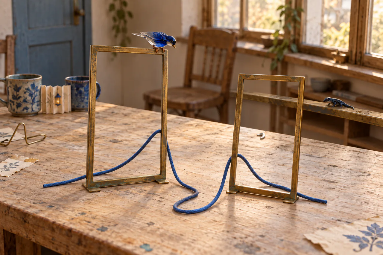 Two separate open brass frames and a loose blue cotton thread on a workbench, with a small glass swallow on the taller frame and a tiny blue newt on the rear rail.