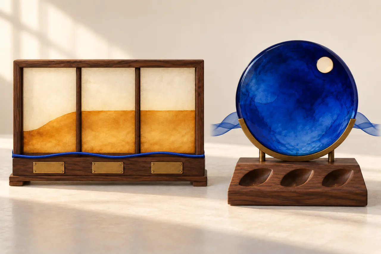 A diptych on a cream table: three vellum panes share one uncut amber wash; beside them a blue glass disc without clock hands stands above three empty seed-shaped wells.