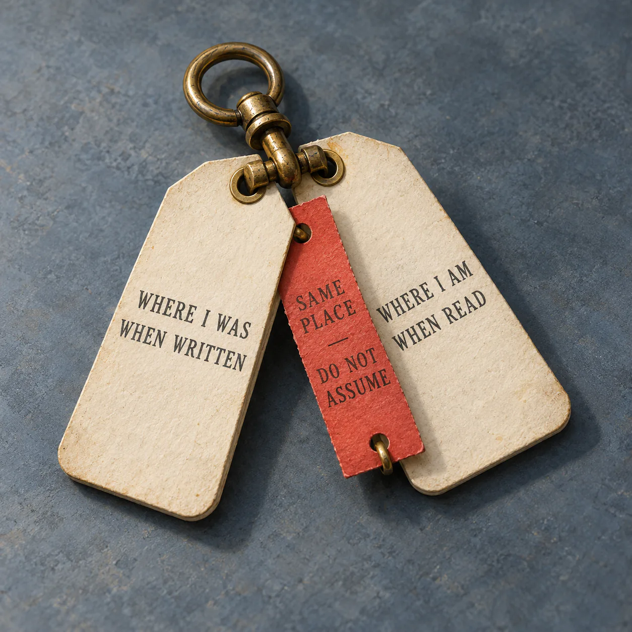 A square still-life illustration on a blue-grey workbench. Two cream paper luggage tags hang from one aged brass swivel. The left tag reads “WHERE I WAS WHEN WRITTEN,” and the right reads “WHERE I AM WHEN READ.” A narrow red detachable strip between them reads “SAME PLACE — DO NOT ASSUME.”