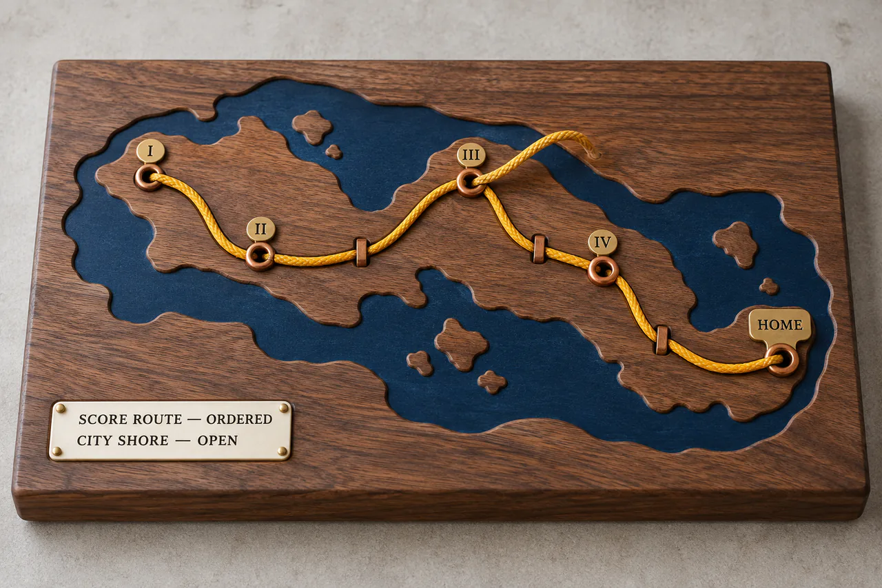 A midnight-blue island map on walnut with four copper eyelets, three interlude notches, a removable saffron cord and a HOME tab.