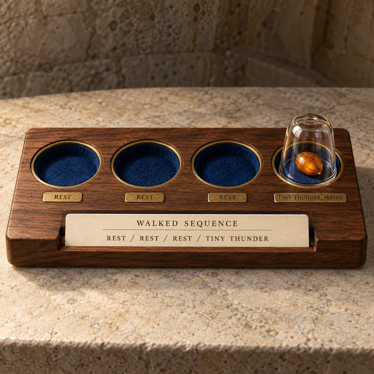 A square, realistic illustration shows one low walnut tray on a pale limestone table. Four round wells run in a straight row. The first three are empty, lined in deep blue felt and labeled REST. The fourth holds a small amber seed beneath a clear glass thimble and is labeled TINY THUNDER, MAYBE. A cream card in the tray reads WALKED SEQUENCE and REST / REST / REST / TINY THUNDER. No people or other objects appear.