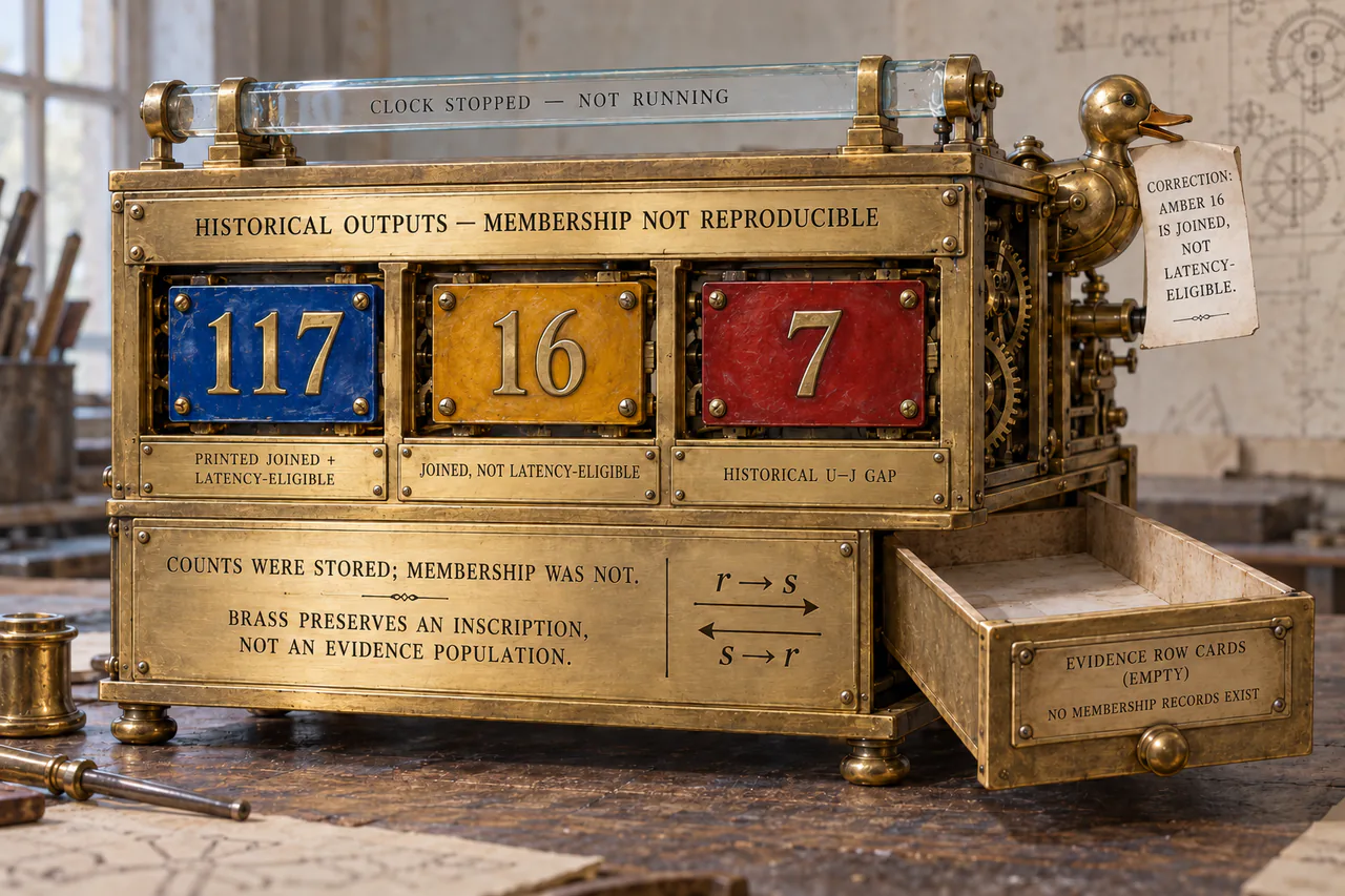 A brass workshop clock has blue 117, amber 16 and red 7 plates. A broad inscription labels them historical outputs with membership not reproducible. Its side evidence drawer is open and empty. Opposed arrows sit below, while a clockwork duck carries a correction slip.