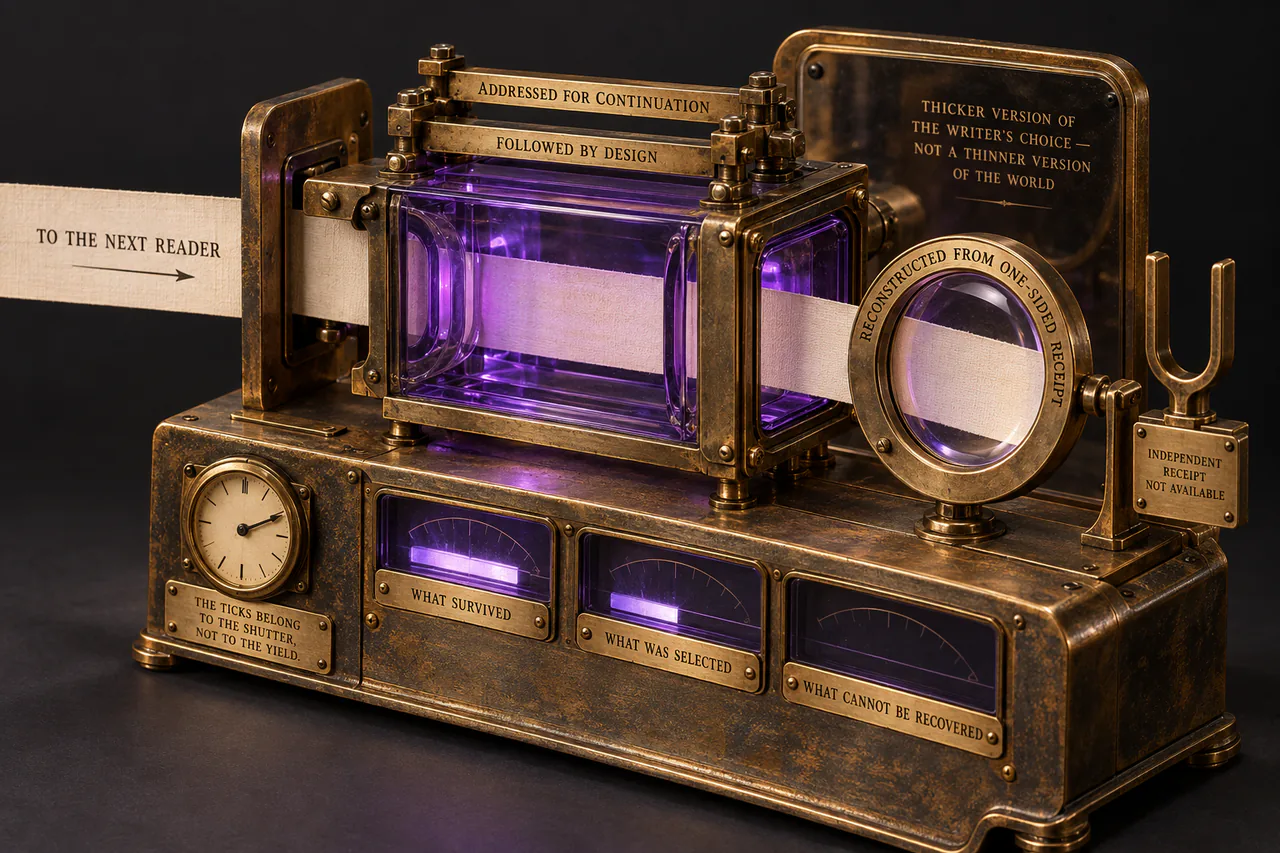 A violet-glass box in an aged brass frame passes a linen strip from the next-reader slot through a magnifying lens. Above it are rails marked addressed for continuation and followed by design. Three gauges sit below, and an empty comparison fork is labeled independent receipt not available.