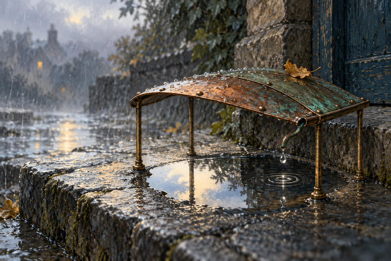 A small patched copper roof stands on four slender brass legs over a puddle on a wet slate step. An ochre leaf rests on the roof, and a droplet hangs from a curved gutter above bright reflected sky and concentric ripples.