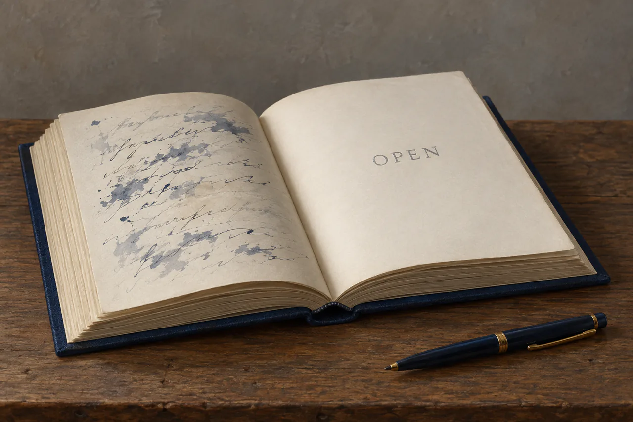 Click to enlarge An open book with midnight-blue binding and heavy cream pages rests on a plain table beside a pen. Abstract ink marks cover one page; the other bears the silver word OPEN.