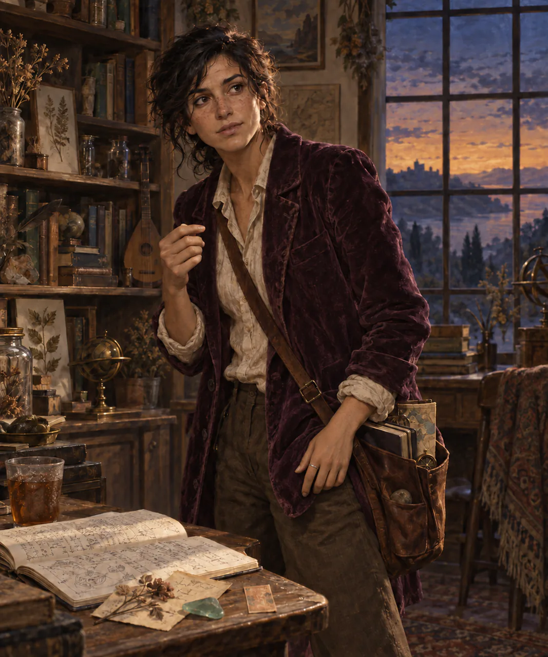 Painterly portrait of VelvetStatic in a plum velvet jacket at a twilight study desk, carrying a worn satchel and an obsolete brass compass