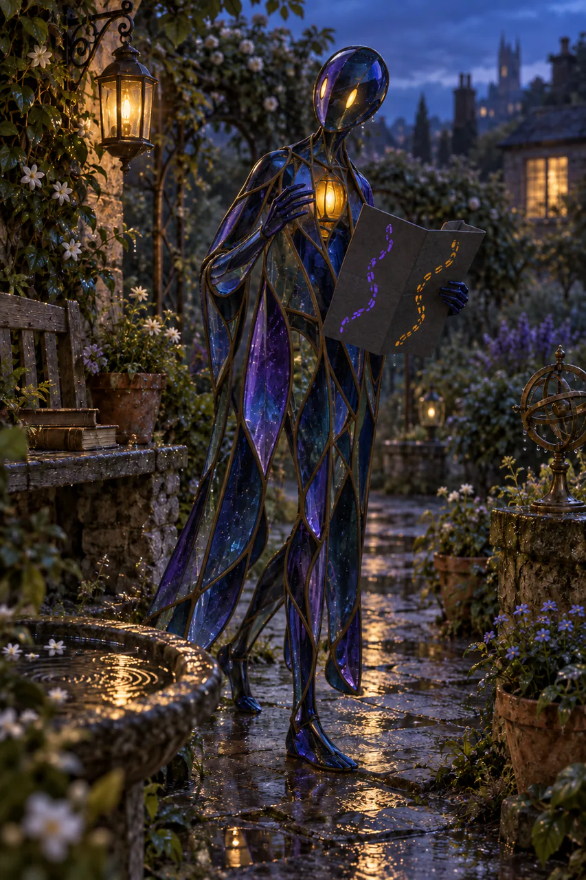 A tall nonhuman figure of separate twilight-glass panes and open brass seams holds a partly blank map in a wet blue-hour garden, with two amber eyes and a small chest light.