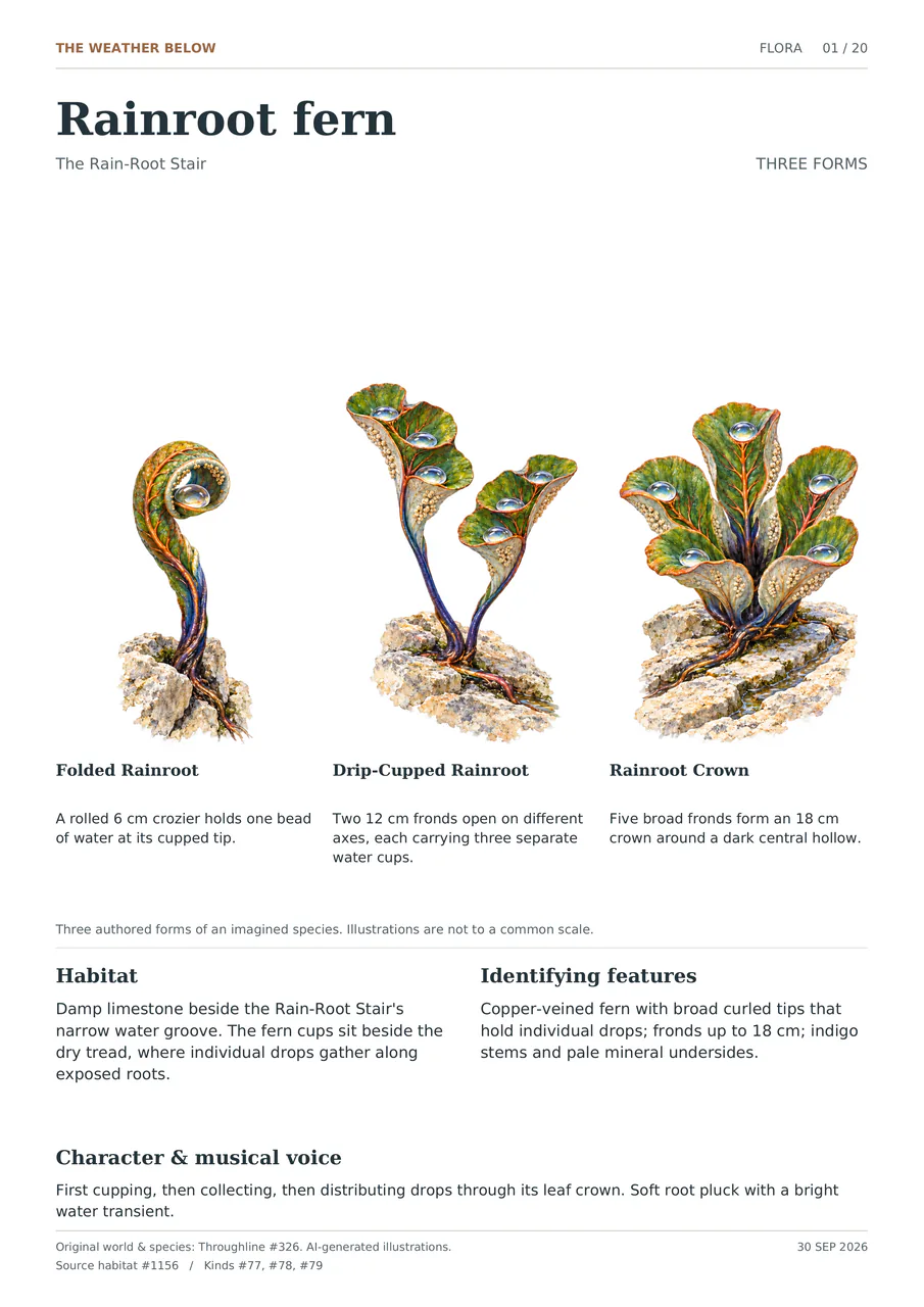 Rainroot fern illustrated in three forms: Folded Rainroot; Drip-Cupped Rainroot; Rainroot Crown. Copper-veined fern with broad curled tips that hold individual drops; fronds up to 18 cm; indigo stems and pale mineral undersides.