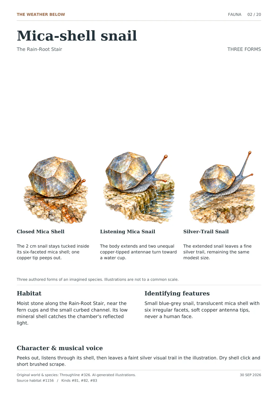 Mica-shell snail illustrated in three forms: Closed Mica Shell; Listening Mica Snail; Silver-Trail Snail. Small blue-grey snail, translucent mica shell with six irregular facets, soft copper antenna tips, never a human face.