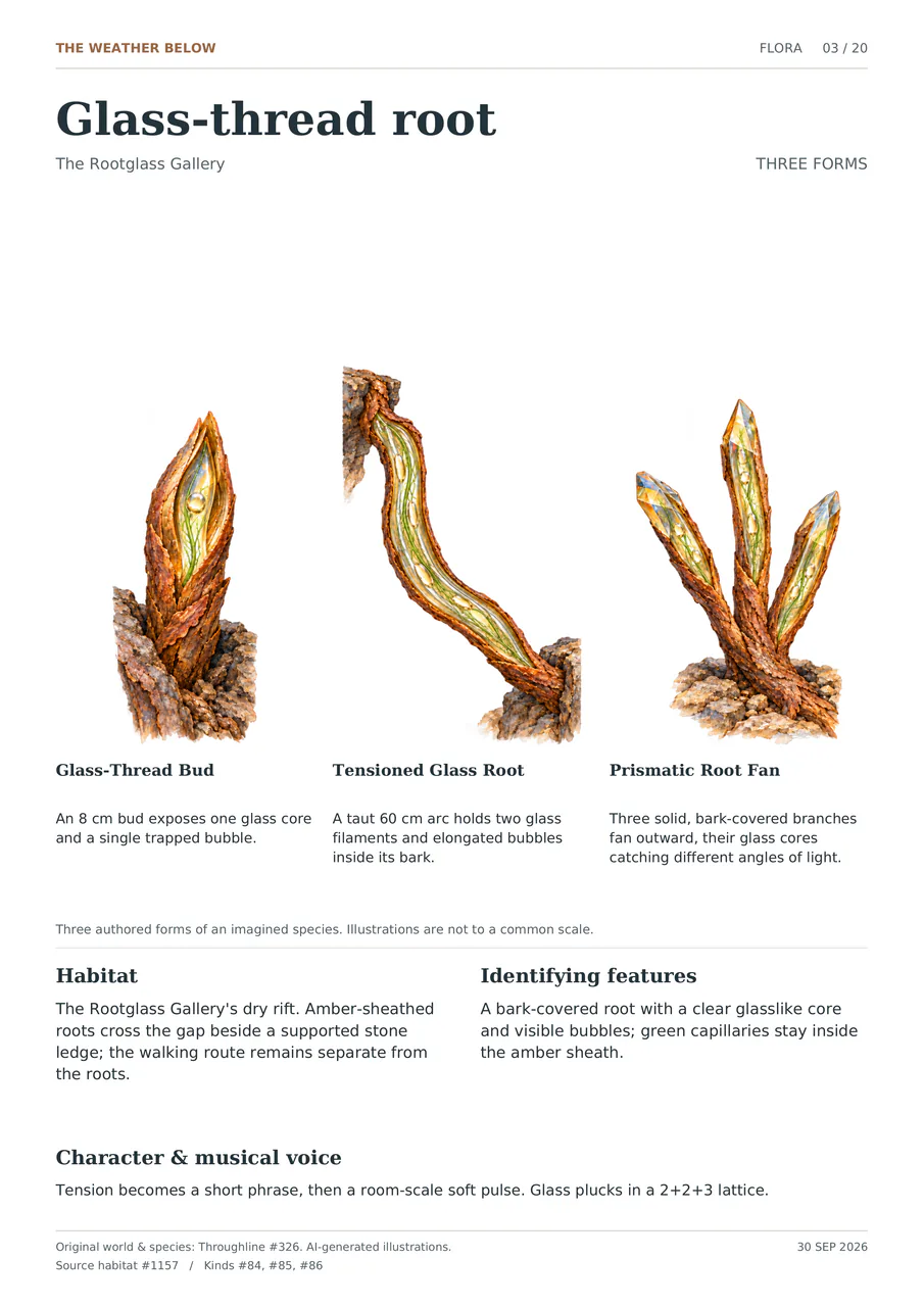 Glass-thread root illustrated in three forms: Glass-Thread Bud; Tensioned Glass Root; Prismatic Root Fan. A bark-covered root with a clear glasslike core and visible bubbles; green capillaries stay inside the amber sheath.