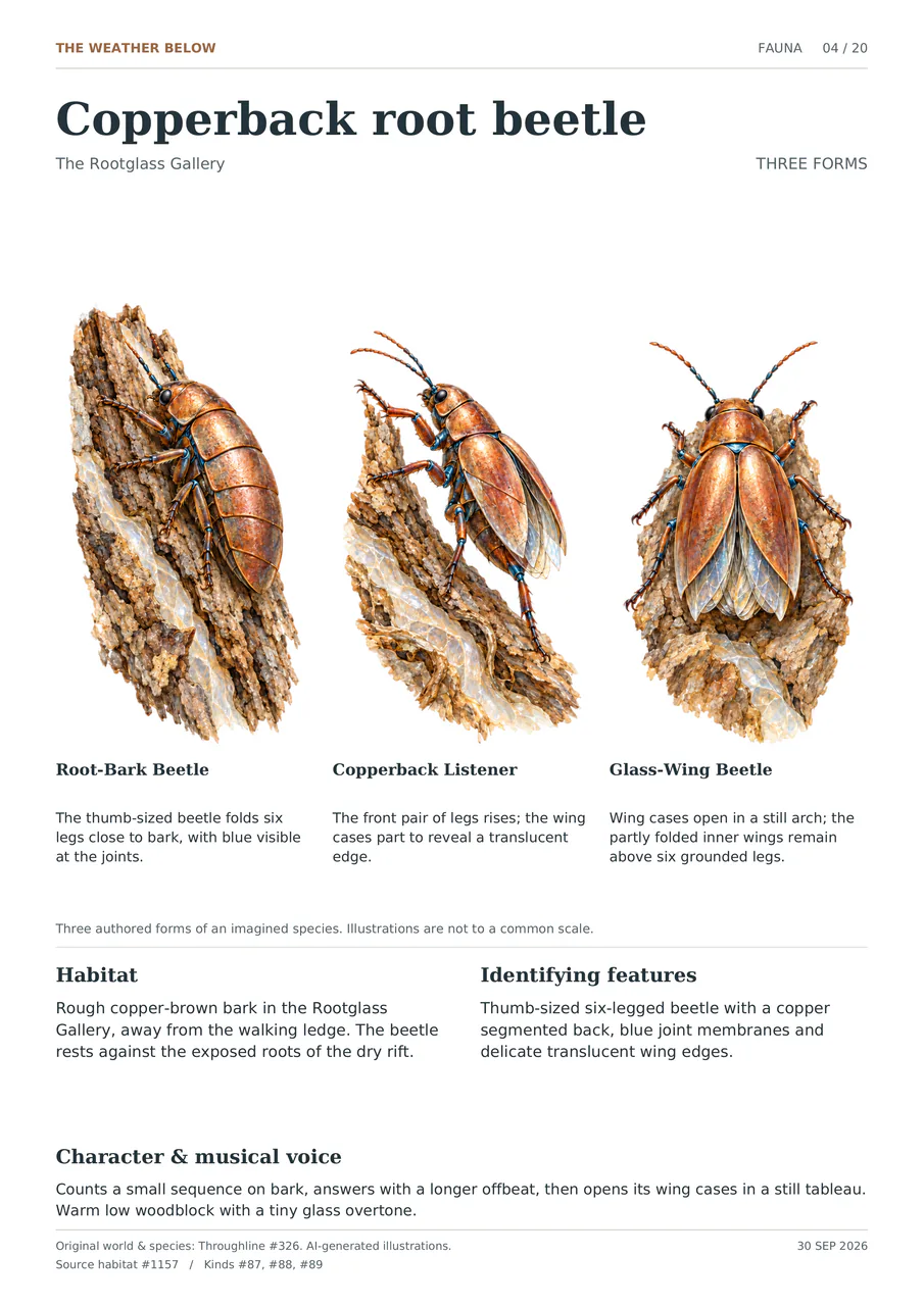 Copperback root beetle illustrated in three forms: Root-Bark Beetle; Copperback Listener; Glass-Wing Beetle. Thumb-sized six-legged beetle with a copper segmented back, blue joint membranes and delicate translucent wing edges.