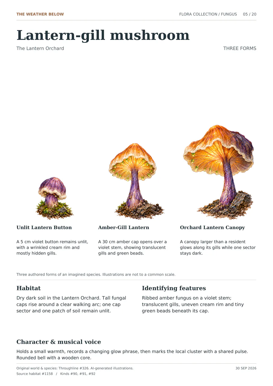 Lantern-gill mushroom illustrated in three forms: Unlit Lantern Button; Amber-Gill Lantern; Orchard Lantern Canopy. Ribbed amber fungus on a violet stem; translucent gills, uneven cream rim and tiny green beads beneath its cap.