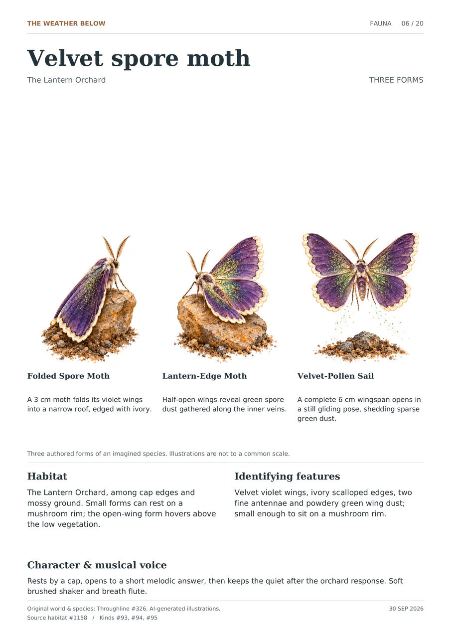 Velvet spore moth illustrated in three forms: Folded Spore Moth; Lantern-Edge Moth; Velvet-Pollen Sail. Velvet violet wings, ivory scalloped edges, two fine antennae and powdery green wing dust; small enough to sit on a mushroom rim.