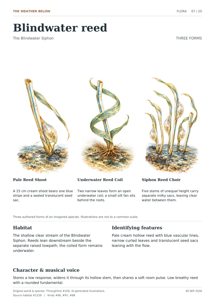 Blindwater reed illustrated in three forms: Pale Reed Shoot; Underwater Reed Coil; Siphon Reed Choir. Pale cream hollow reed with blue vascular lines, narrow curled leaves and translucent seed sacs leaning with the flow.