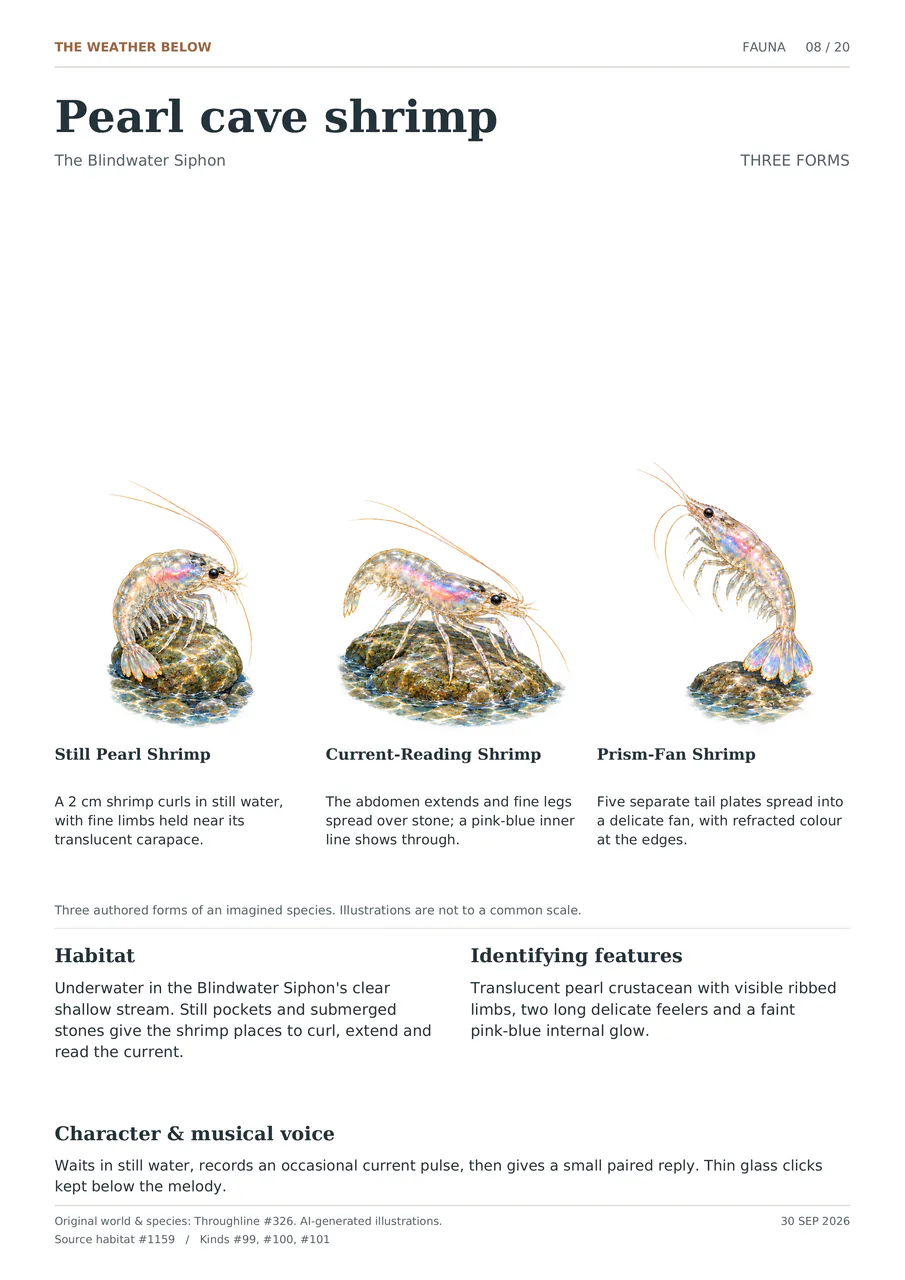 Pearl cave shrimp illustrated in three forms: Still Pearl Shrimp; Current-Reading Shrimp; Prism-Fan Shrimp. Translucent pearl crustacean with visible ribbed limbs, two long delicate feelers and a faint pink-blue internal glow.