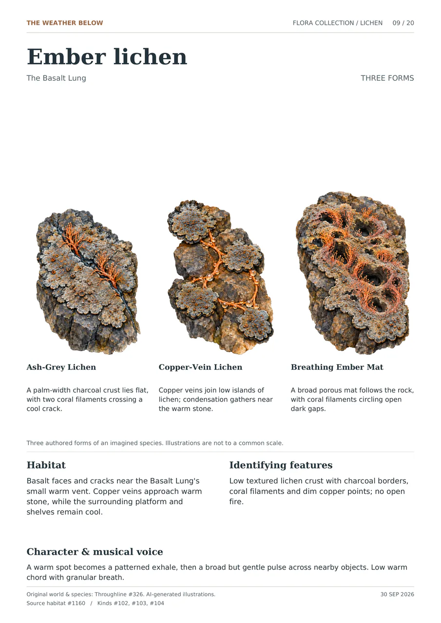 Ember lichen illustrated in three forms: Ash-Grey Lichen; Copper-Vein Lichen; Breathing Ember Mat. Low textured lichen crust with charcoal borders, coral filaments and dim copper points; no open fire.