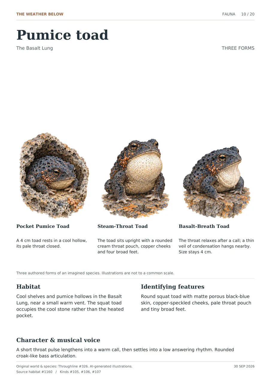 Pumice toad illustrated in three forms: Pocket Pumice Toad; Steam-Throat Toad; Basalt-Breath Toad. Round squat toad with matte porous black-blue skin, copper-speckled cheeks, pale throat pouch and tiny broad feet.