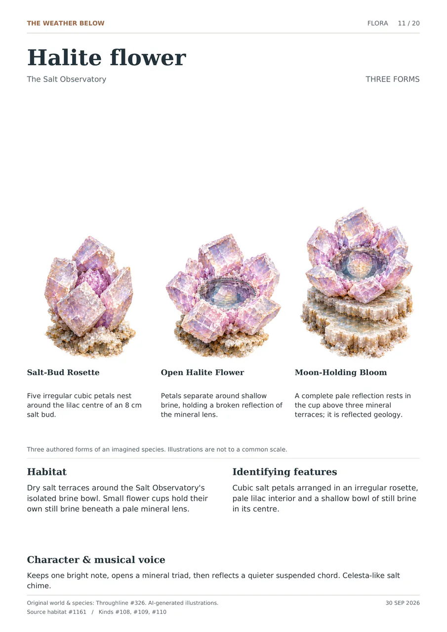 Halite flower illustrated in three forms: Salt-Bud Rosette; Open Halite Flower; Moon-Holding Bloom. Cubic salt petals arranged in an irregular rosette, pale lilac interior and a shallow bowl of still brine in its centre.