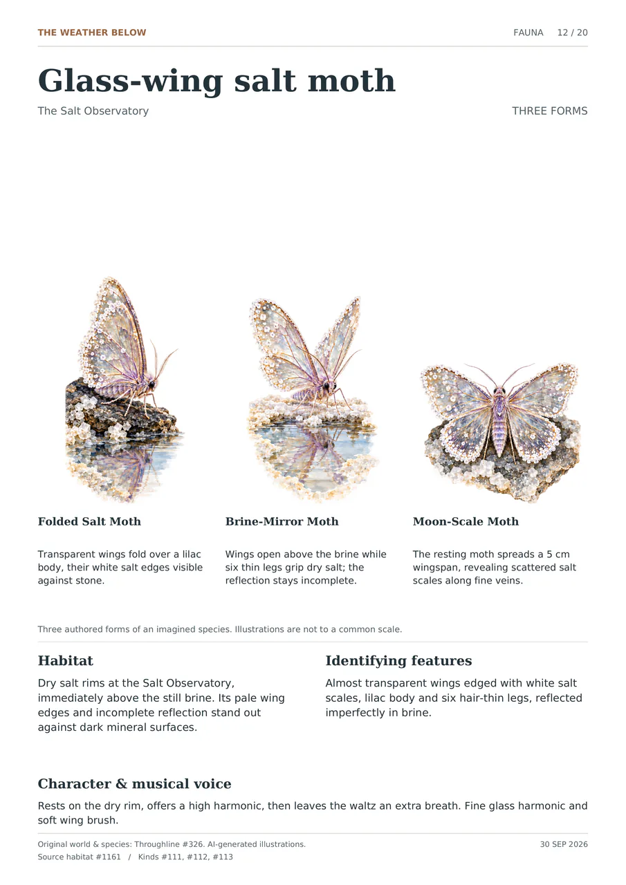 Glass-wing salt moth illustrated in three forms: Folded Salt Moth; Brine-Mirror Moth; Moon-Scale Moth. Almost transparent wings edged with white salt scales, lilac body and six hair-thin legs, reflected imperfectly in brine.