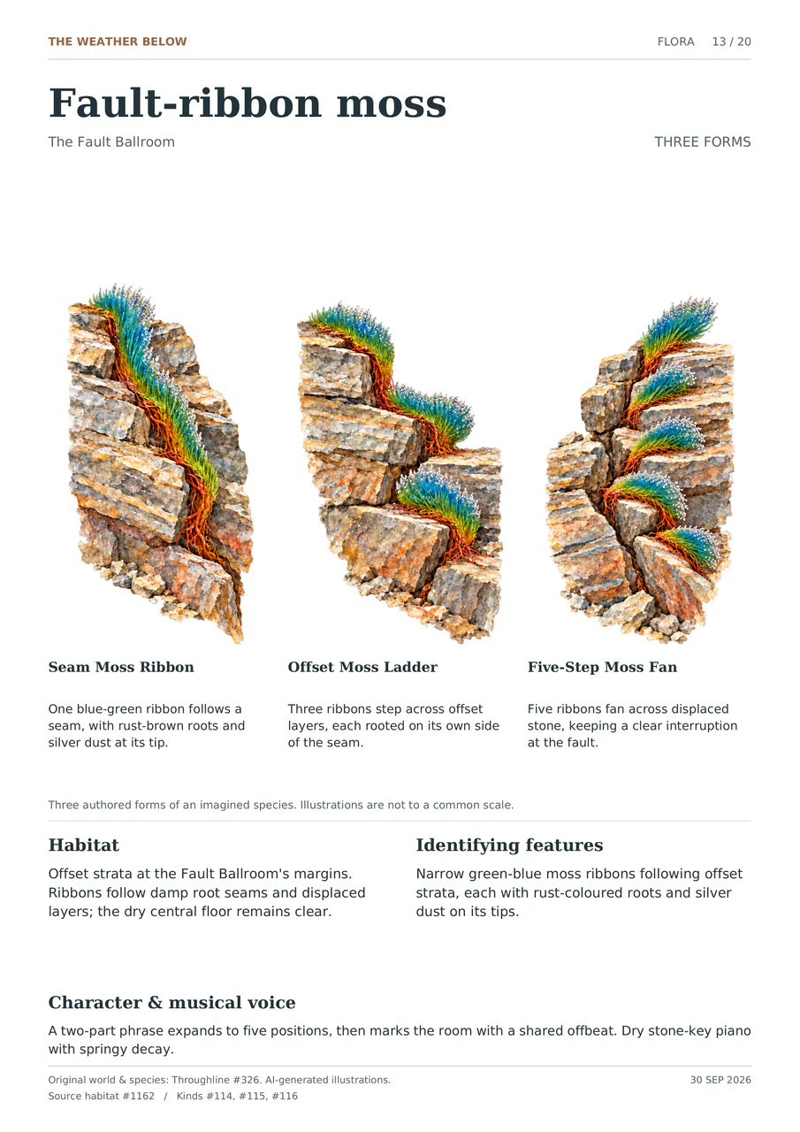 Fault-ribbon moss illustrated in three forms: Seam Moss Ribbon; Offset Moss Ladder; Five-Step Moss Fan. Narrow green-blue moss ribbons following offset strata, each with rust-coloured roots and silver dust on its tips.
