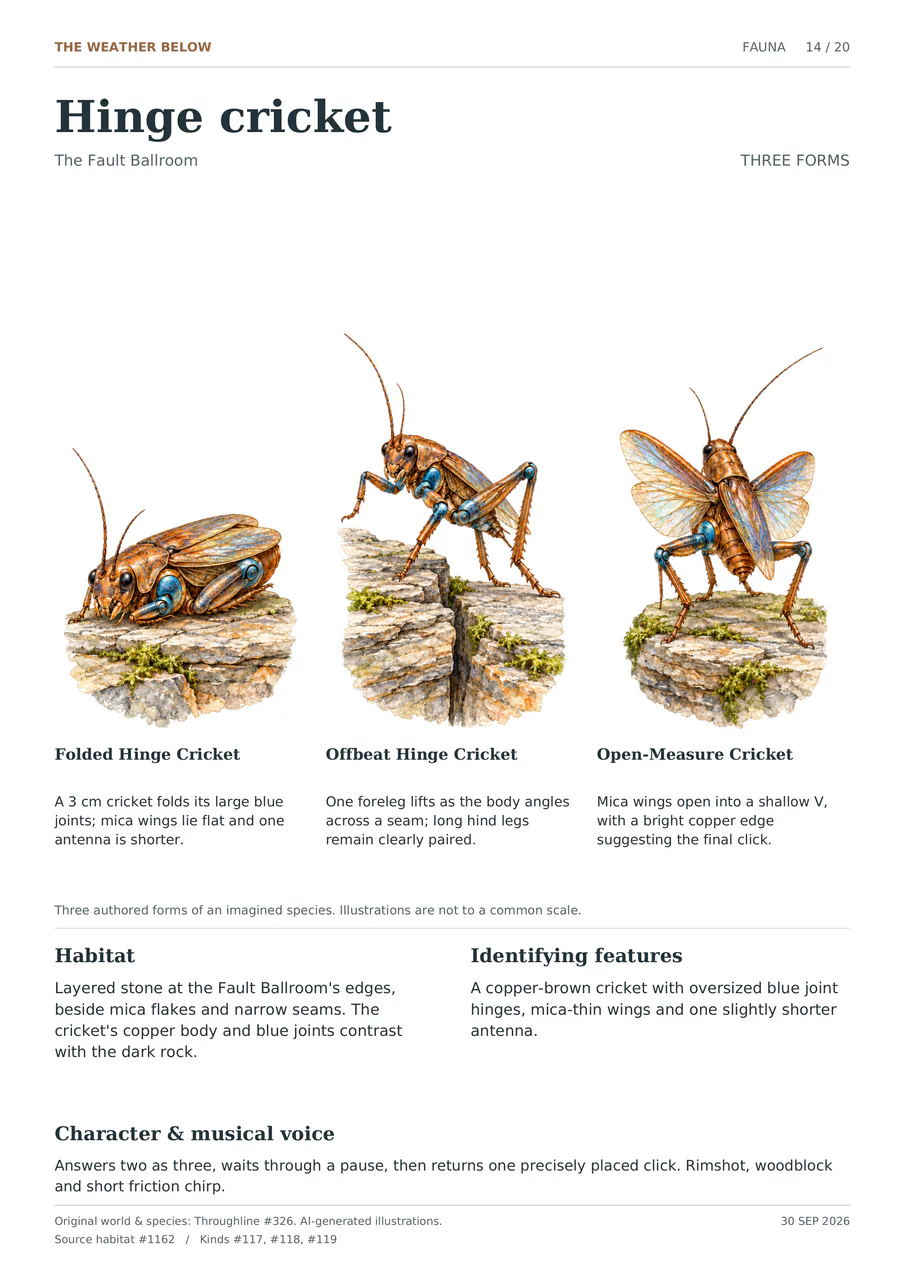 Hinge cricket illustrated in three forms: Folded Hinge Cricket; Offbeat Hinge Cricket; Open-Measure Cricket. A copper-brown cricket with oversized blue joint hinges, mica-thin wings and one slightly shorter antenna.