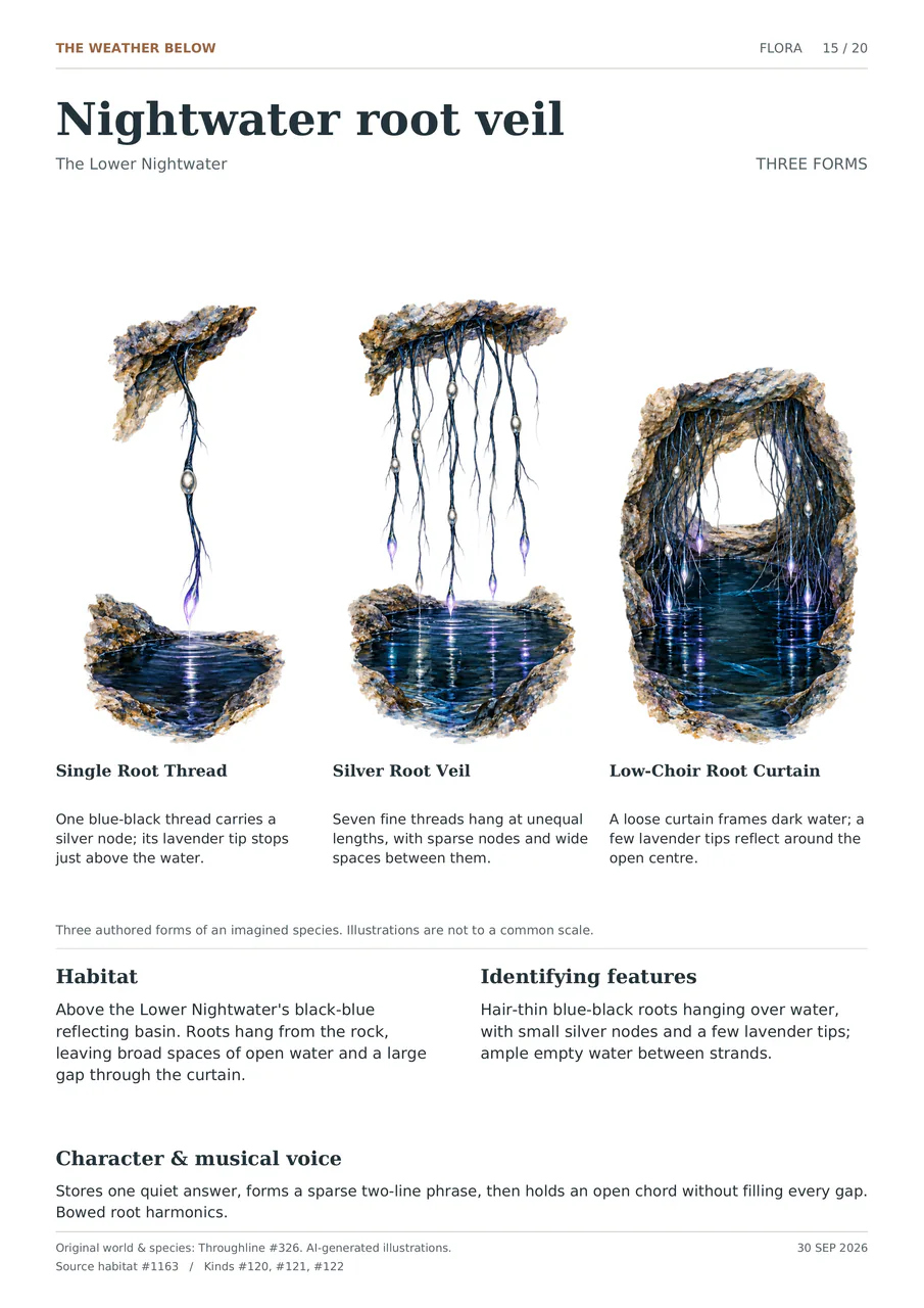 Nightwater root veil illustrated in three forms: Single Root Thread; Silver Root Veil; Low-Choir Root Curtain. Hair-thin blue-black roots hanging over water, with small silver nodes and a few lavender tips; ample empty water between strands.