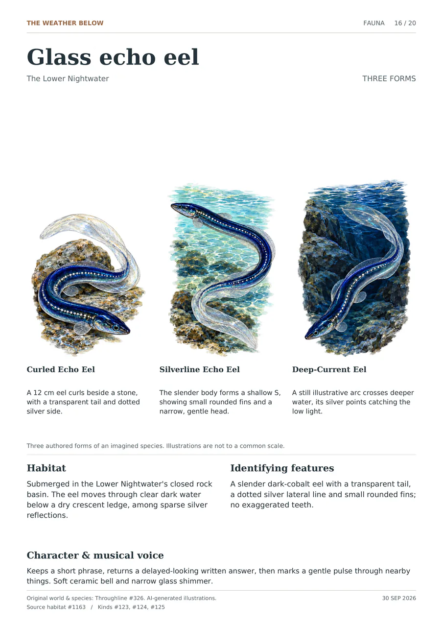 Glass echo eel illustrated in three forms: Curled Echo Eel; Silverline Echo Eel; Deep-Current Eel. A slender dark-cobalt eel with a transparent tail, a dotted silver lateral line and small rounded fins; no exaggerated teeth.