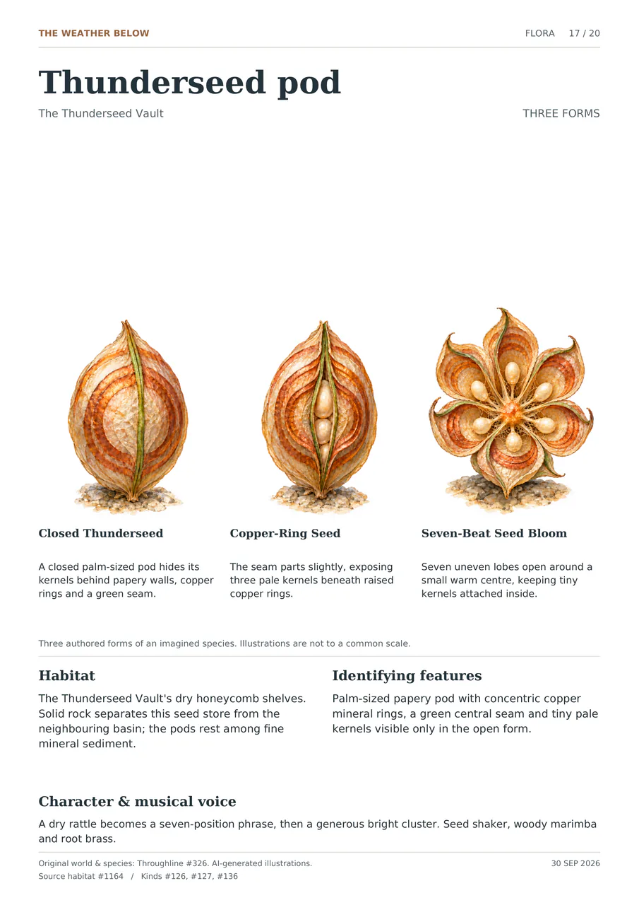 Thunderseed pod illustrated in three forms: Closed Thunderseed; Copper-Ring Seed; Seven-Beat Seed Bloom. Palm-sized papery pod with concentric copper mineral rings, a green central seam and tiny pale kernels visible only in the open form.