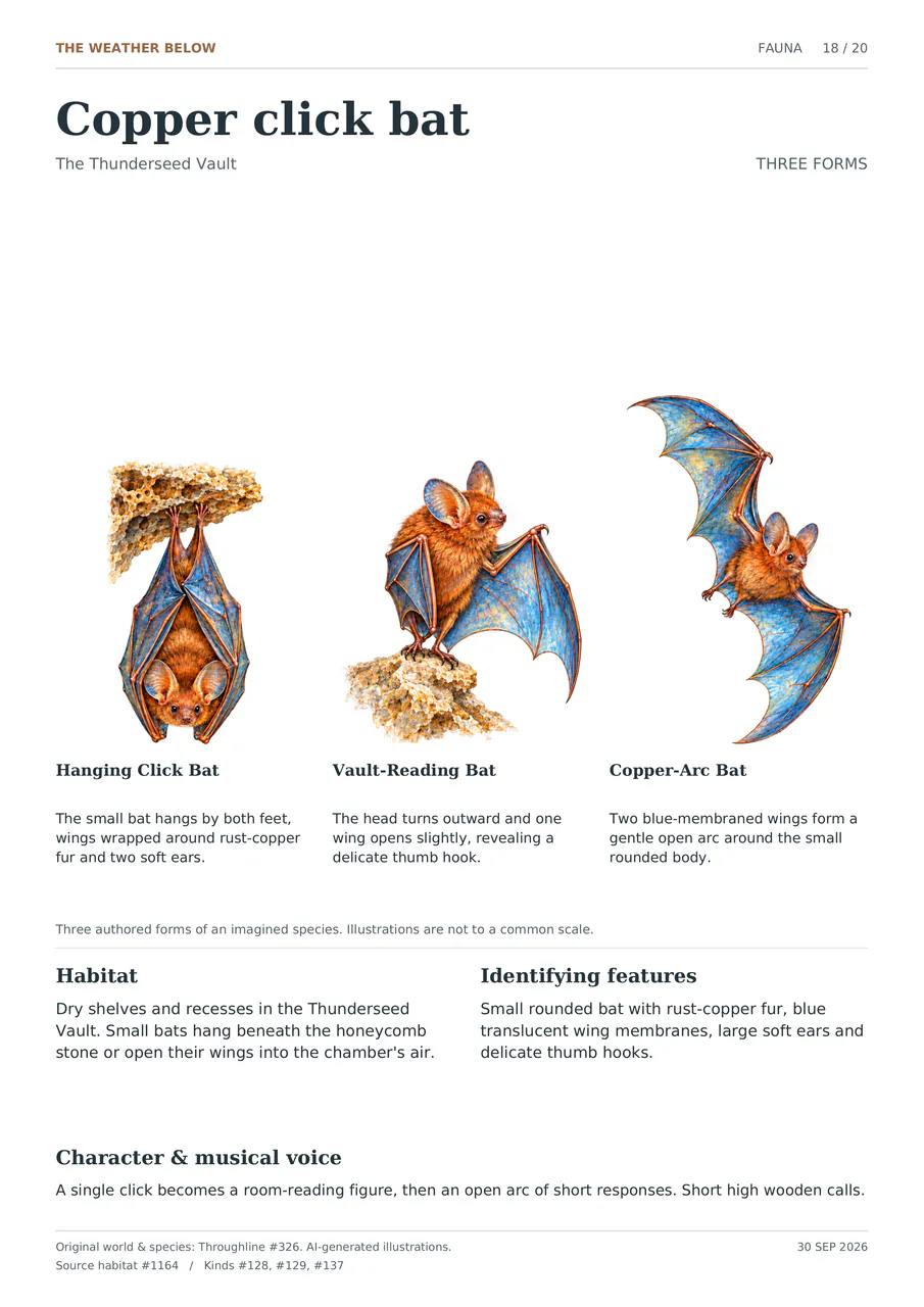 Copper click bat illustrated in three forms: Hanging Click Bat; Vault-Reading Bat; Copper-Arc Bat. Small rounded bat with rust-copper fur, blue translucent wing membranes, large soft ears and delicate thumb hooks.