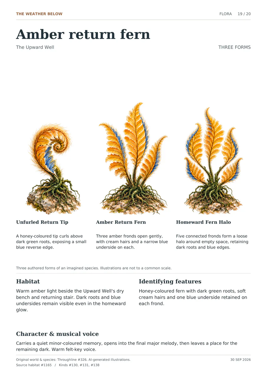 Amber return fern illustrated in three forms: Unfurled Return Tip; Amber Return Fern; Homeward Fern Halo. Honey-coloured fern with dark green roots, soft cream hairs and one blue underside retained on each frond.