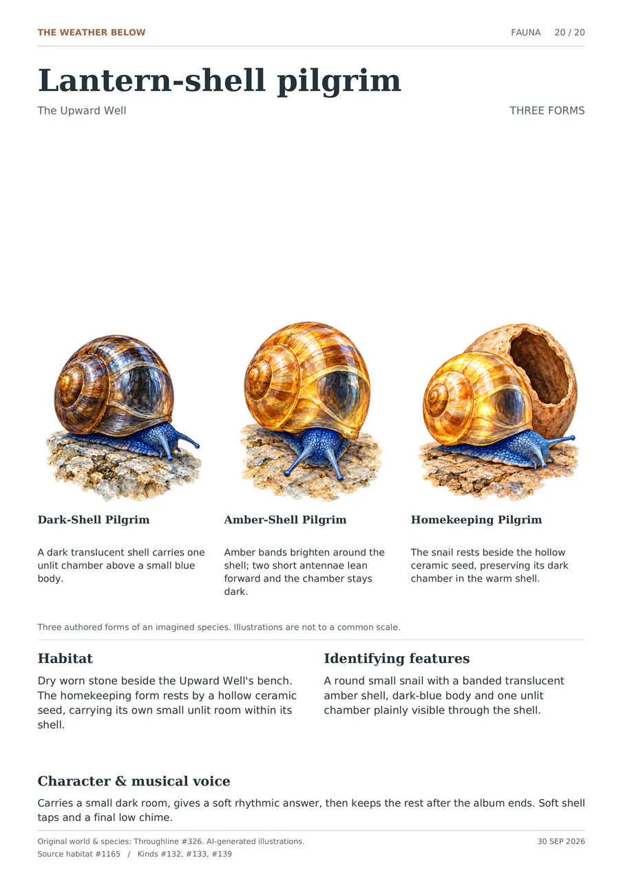 Lantern-shell pilgrim illustrated in three forms: Dark-Shell Pilgrim; Amber-Shell Pilgrim; Homekeeping Pilgrim. A round small snail with a banded translucent amber shell, dark-blue body and one unlit chamber plainly visible through the shell.