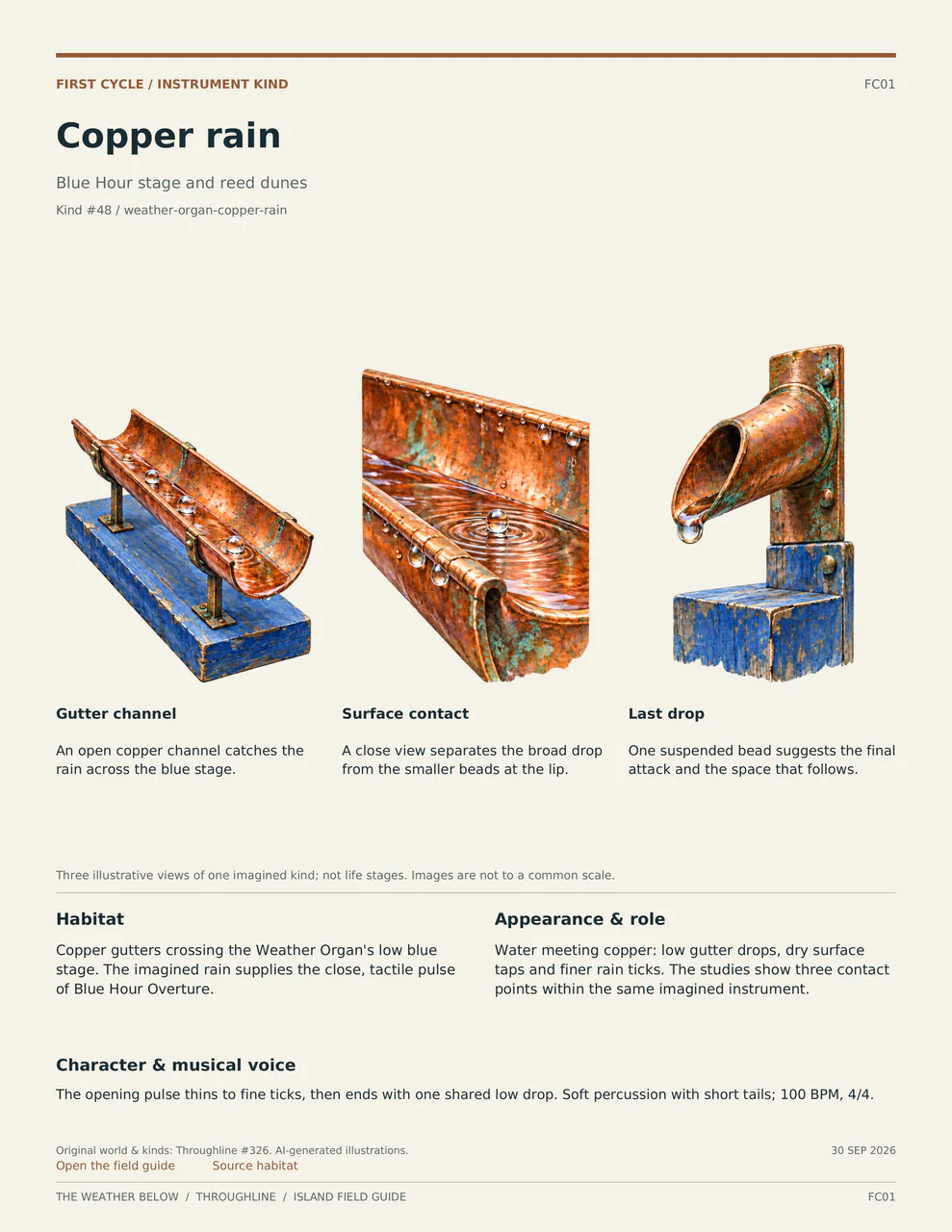 Copper rain: three labelled illustrative views, with habitat, appearance and musical voice described below.