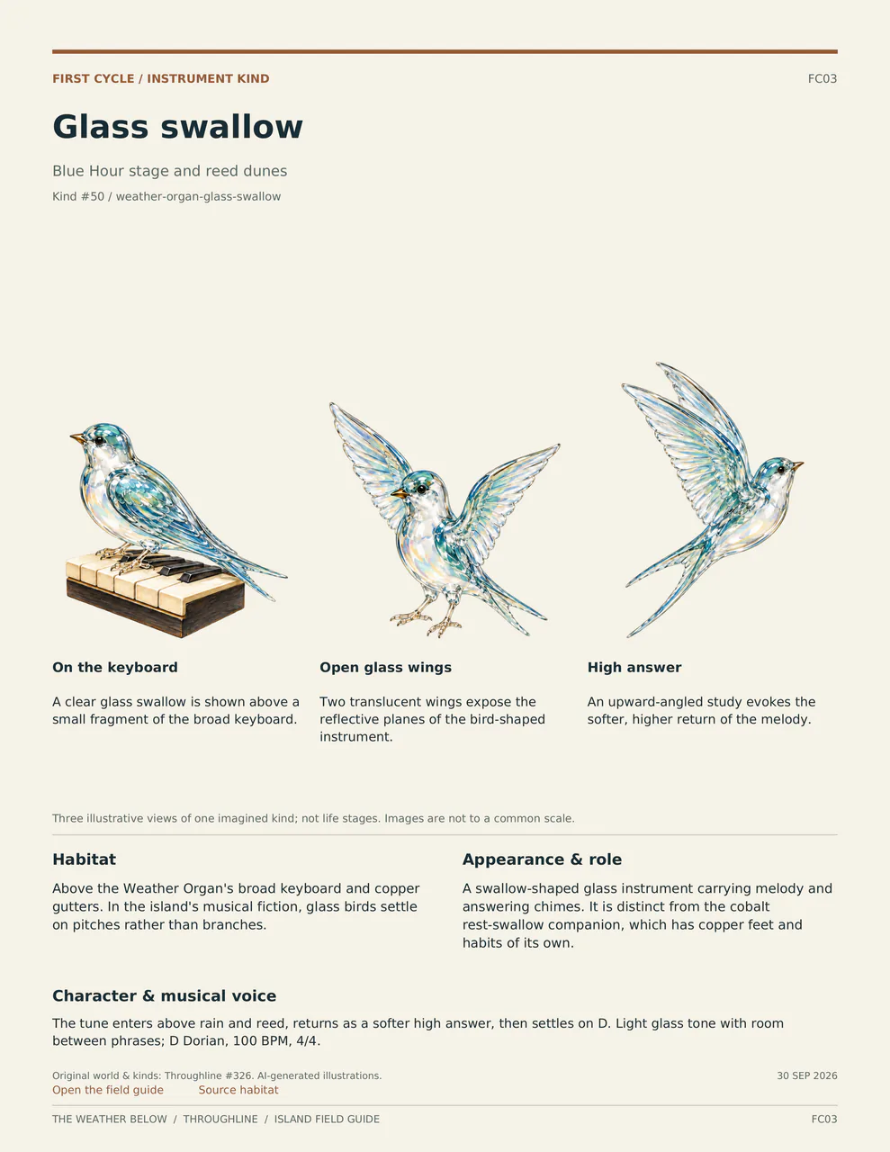 Glass swallow: three labelled illustrative views, with habitat, appearance and musical voice described below.