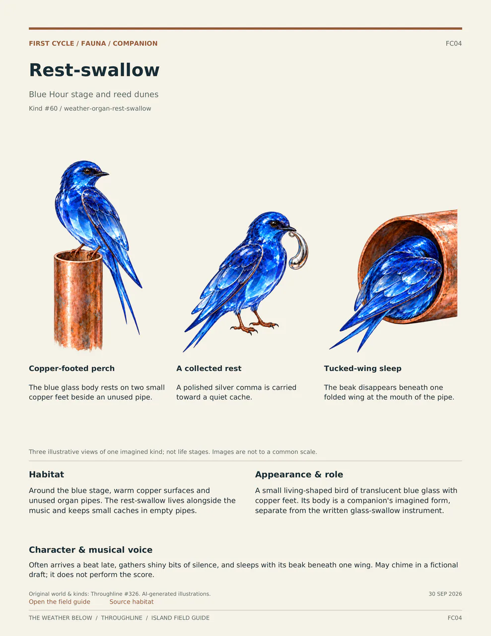 Rest-swallow: three labelled illustrative views, with habitat, appearance and musical voice described below.