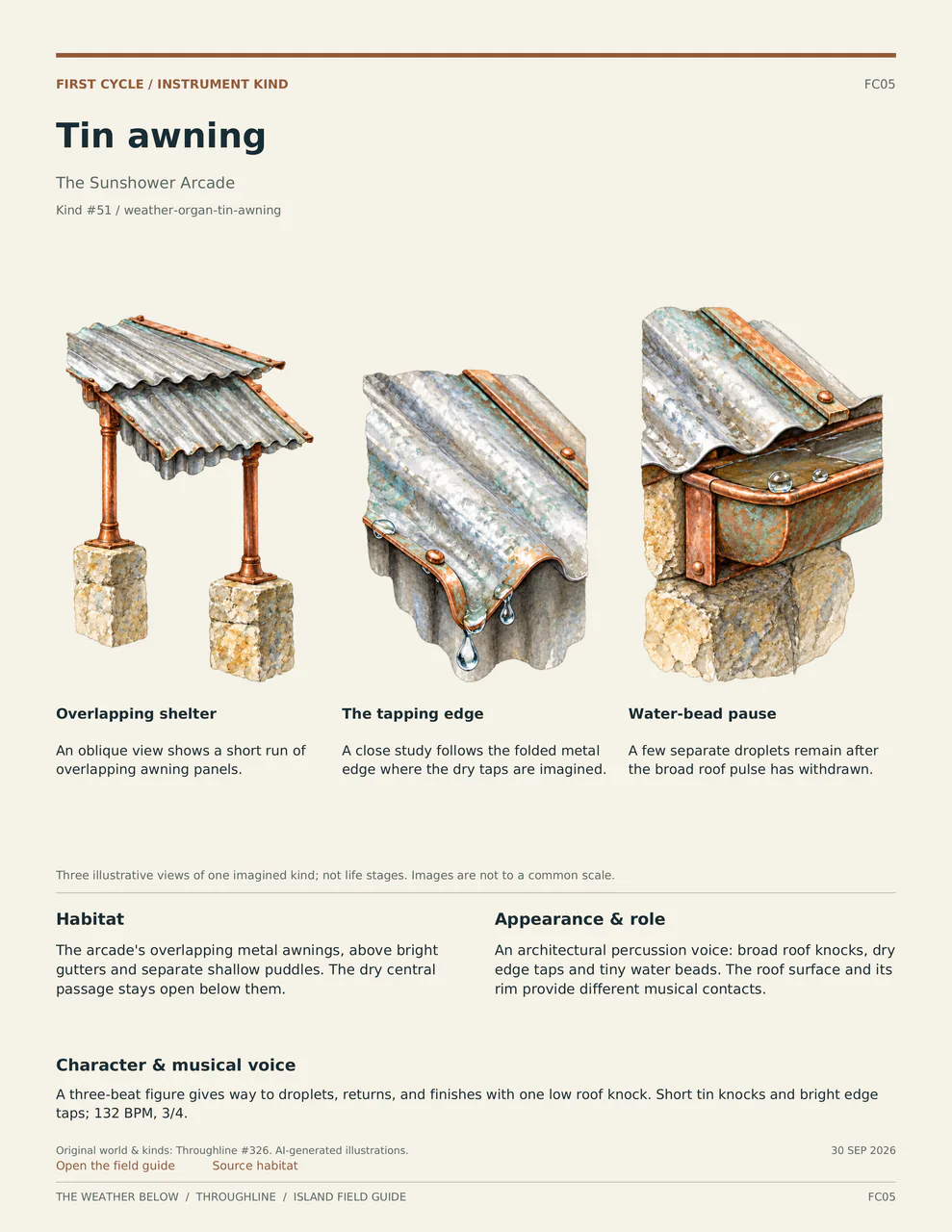 Tin awning: three labelled illustrative views, with habitat, appearance and musical voice described below.