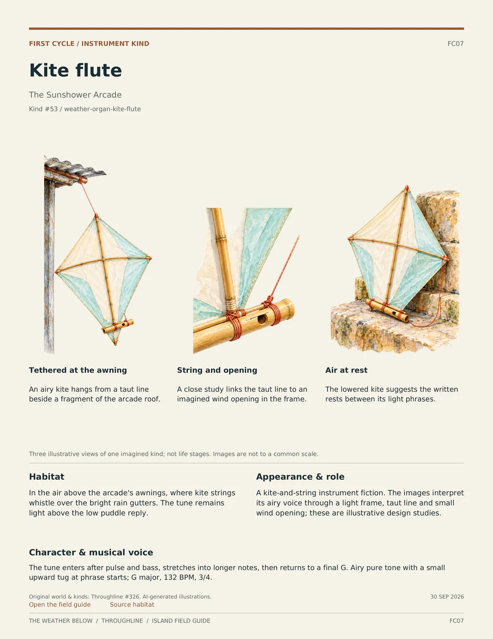Kite flute: three labelled illustrative views, with habitat, appearance and musical voice described below.
