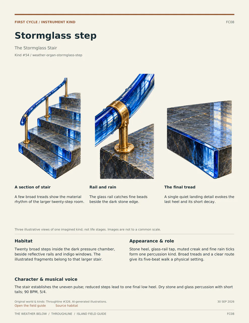 Stormglass step: three labelled illustrative views, with habitat, appearance and musical voice described below.