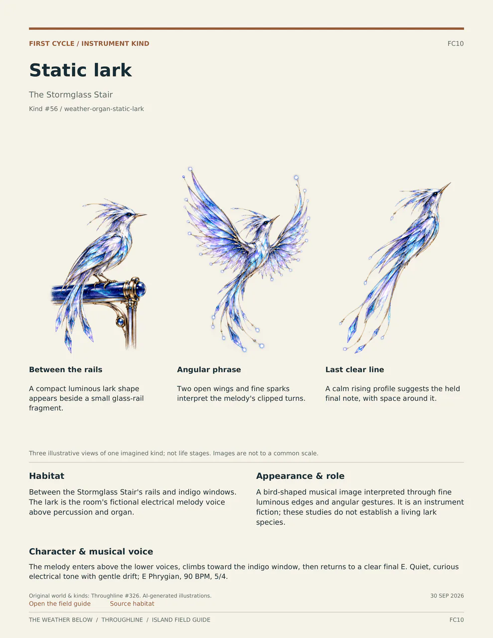 Static lark: three labelled illustrative views, with habitat, appearance and musical voice described below.