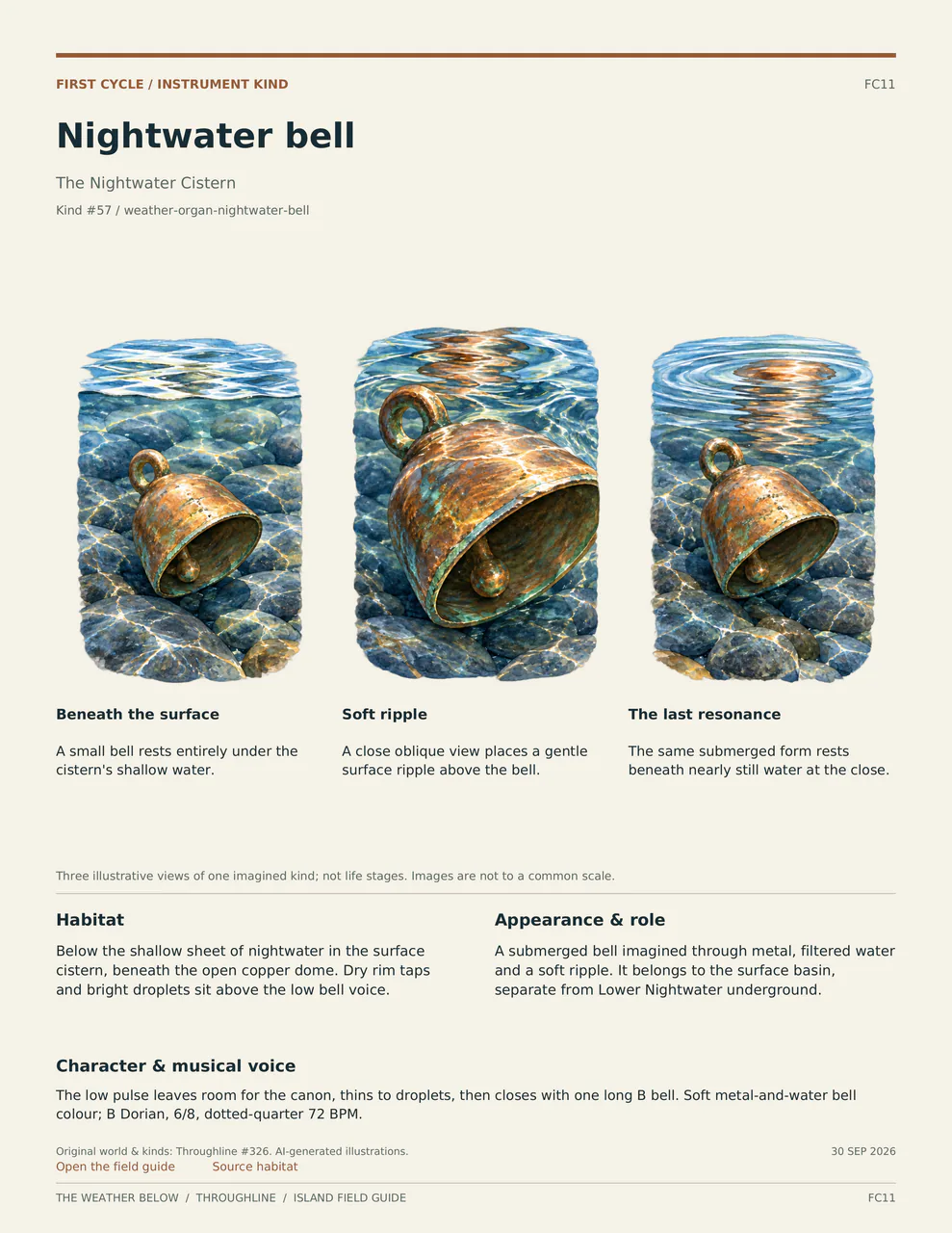 Nightwater bell: three labelled illustrative views, with habitat, appearance and musical voice described below.