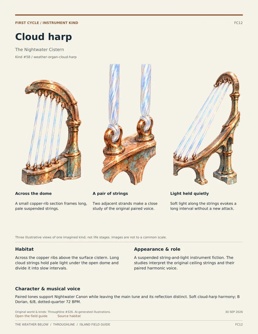 Cloud harp: three labelled illustrative views, with habitat, appearance and musical voice described below.