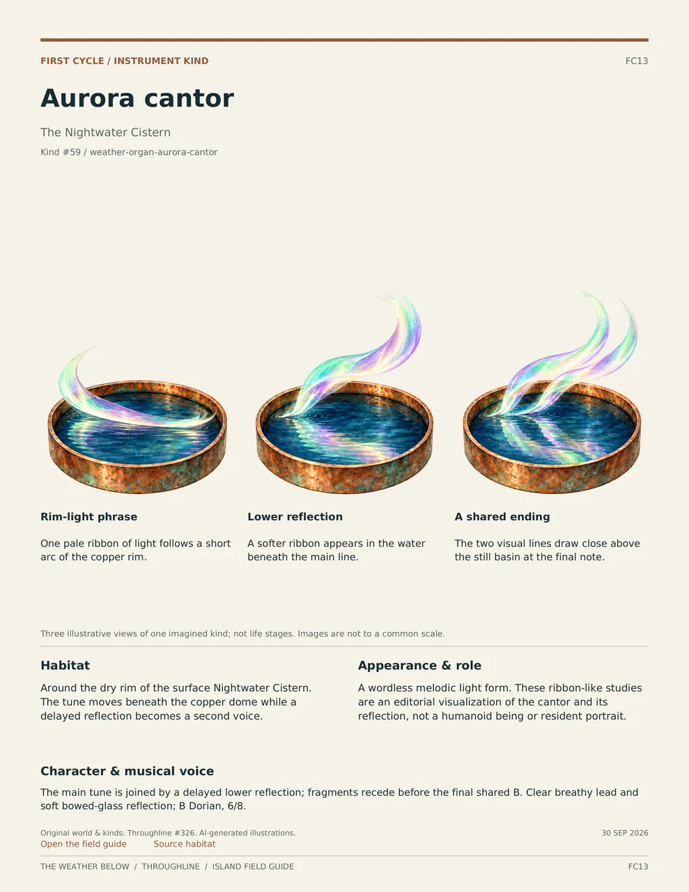 Aurora cantor: three labelled illustrative views, with habitat, appearance and musical voice described below.