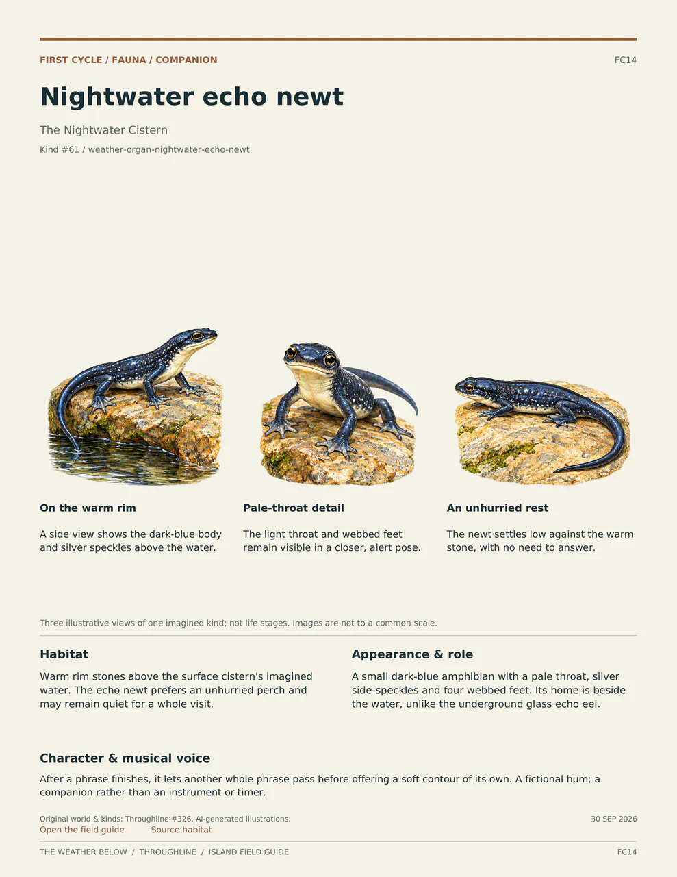 Nightwater echo newt: three labelled illustrative views, with habitat, appearance and musical voice described below.