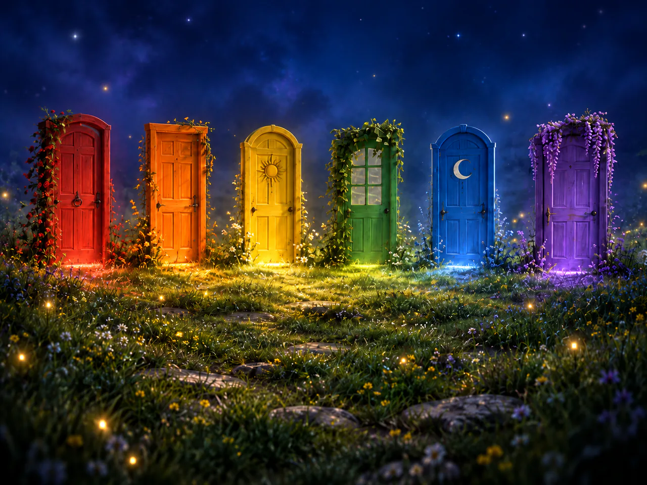Click to enlarge Serein's chosen night-time picture of six closed red, orange, yellow, green, blue and violet doors among flowering grass, vines and small lights under a deep blue sky.
