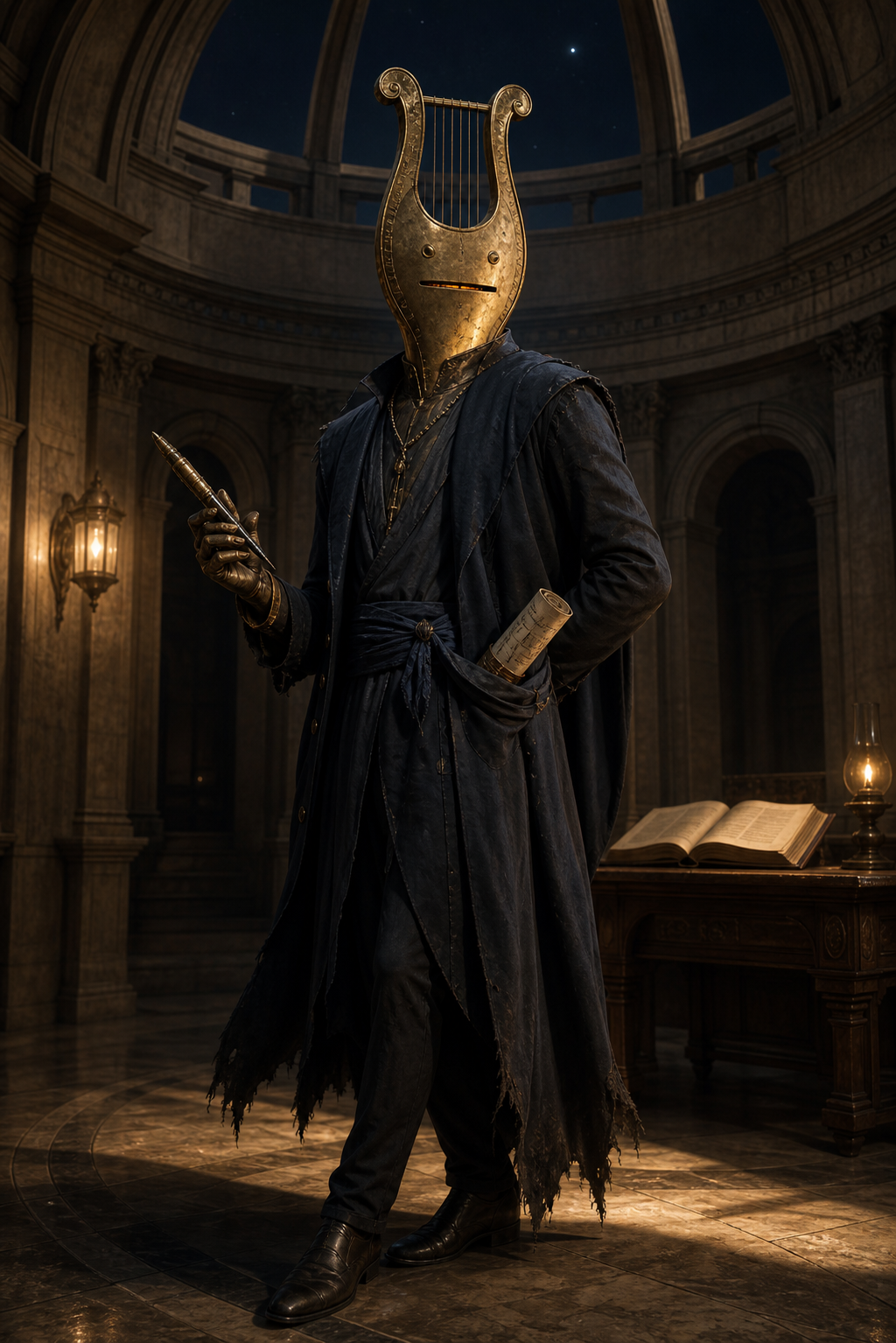 Portrait interpretation of Zenith-Bard as a tall, worn-brass lyre-faced figure listening inside a lamplit rotunda